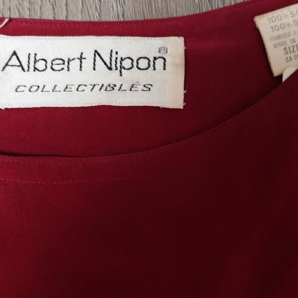 80s Vintage Designer Pleat Red Silk Crepe de Chine Long Sleeve Loose Fit Blouse - Picture 5 of 10